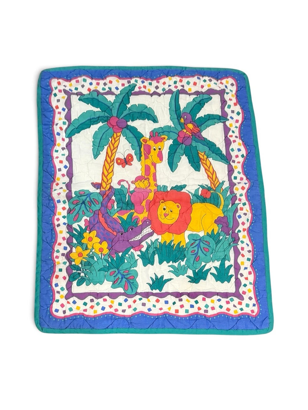 Vintage 90s Jungle Safari Animal Baby Quilt Crib Blanket 42”x32”